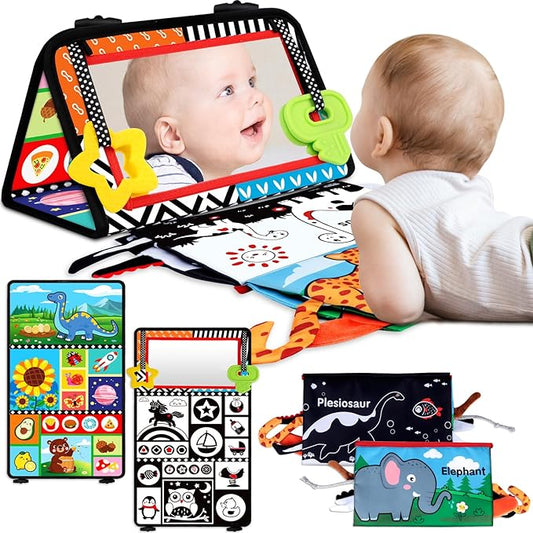 Tummy Time Baby Mirror Toys 0-6 6-12 Months - Montessori Infant Toys Brain Development with Crinkle Cloth Book and Teether - High Contrast Newborn Sensory Toys for Babies Boys Girls Gifts
