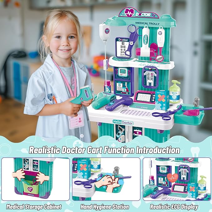 Gifts2U Doctor Kit for Toddlers 3-5, 3 in 1 Kids Doctors Cart Plays Set with Costume,Stethoscope, Thermometer, Medical Pretend Play Toys for Girls Boys