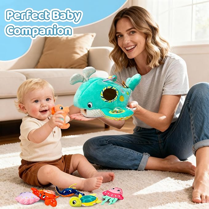 brenzo - Wobble The Whale & Ocean Friends Plush Set | 7-Piece Montessori Sensory Toys for Babies 0-3 | Tummy Time Companions with Rattle, Mirror, Crinkle & Squeaker | Ideal Newborn Toddler Gift