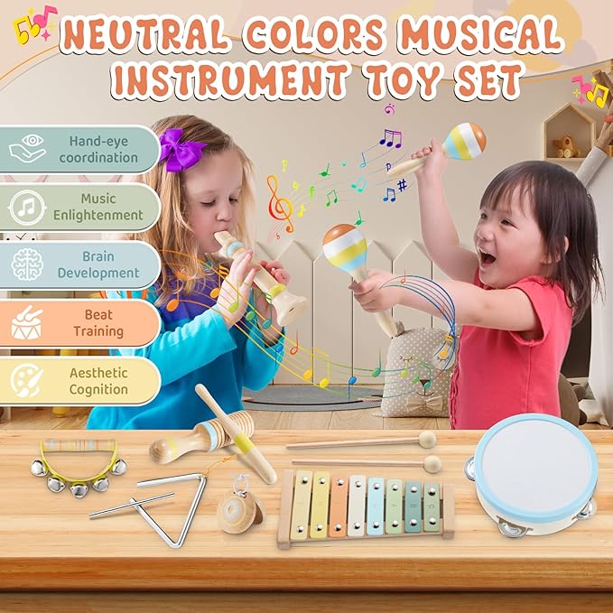Baby Musical Instruments Set Montessori Wooden Music Toys for Toddlers 3 4 5 Neutral Color Percussion Music Kit with Drum, Xylophone,Storage Bag, Birthday Preschool Learning Gift for Boys Girls