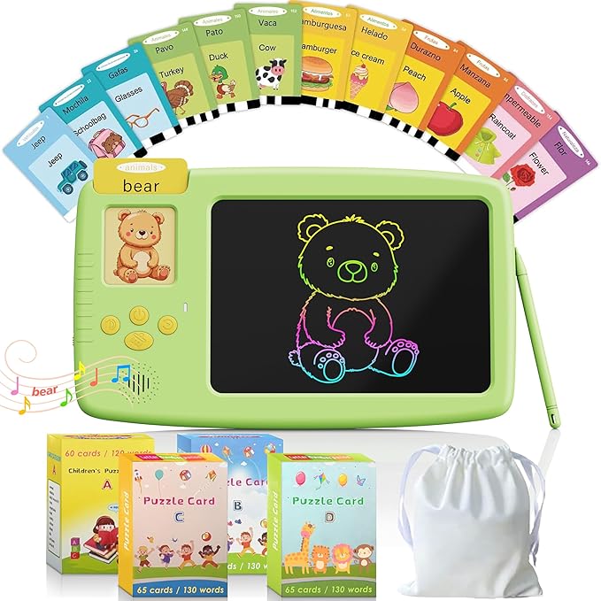 Talking Flash Cards for Toddlers - 2-in-1 LCD Writing Tablet Kids - Montessori Language Learning with 510 Words - Autism & Speech Therapy Toys for Children Gifts, Green