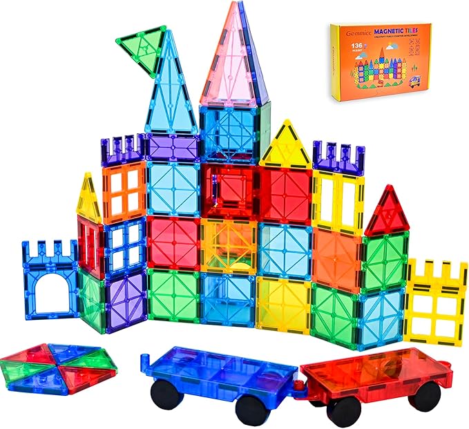Gemmicc Magnetic Tiles, Deluxe 136 PCS Building Blocks Magnet Toys for Kids,3D Magnet Puzzles Stacking Blocks for Boys Girls,Huge Set with 2 Cars