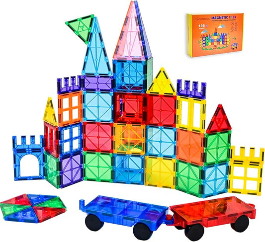 Gemmicc Magnetic Tiles, Deluxe 136 PCS Building Blocks Magnet Toys for Kids,3D Magnet Puzzles Stacking Blocks for Boys Girls,Huge Set with 2 Cars