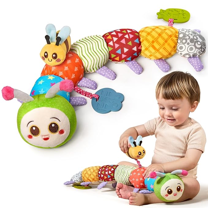 TUMAMA Baby Toys for 0, 3, 6, 9, 12 Months,Caterpillar Sensory Toys,Infant Baby Stuffed Animal Activity Soft Toys with Teether, Tummy Time Sensory Toys,Newborn Infant Sensory Toys Birthday Gifts