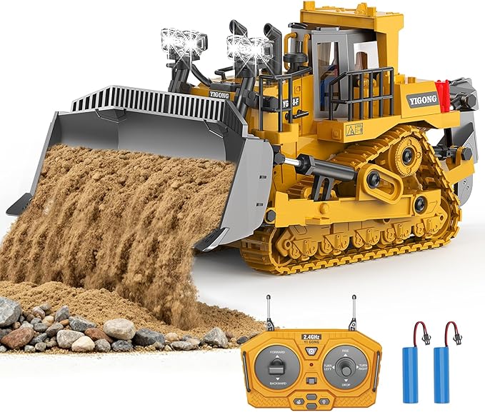 RC Bulldozer Toy with Metal Blade, Light and Sound, 9CH 2.4GHz Remote Control Construction Truck, Tractor Dozer Toys for Boys Kids Ages 3-12 Year Old, Christmas Birthday Gifts