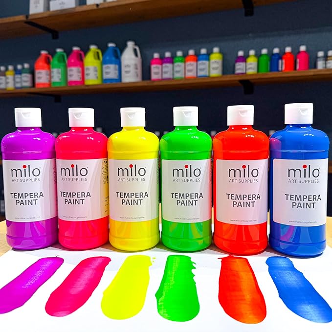 milo Fluorescent Neon Washable Paint for Kids | 16 oz Bottles 6 Colors | Made in the USA | Glows UV in Black Light | Safe & Non-Toxic Tempera Paint for Art & Craft, Poster, Window, for Children, Toddler, Classroom, School, Project