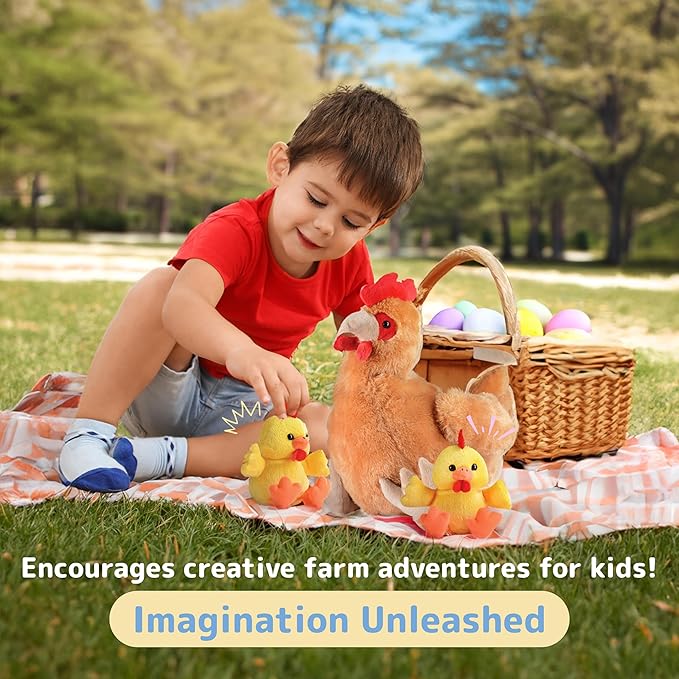 PREXTEX Hen Toy with Two Plastic Easter Eggs and Cute Baby Chicks Inside - Big Mommy Hen Plush with Chicks Zippered in Eggs - Adorable Chicken Plushies for Kids 3-5 Years Old