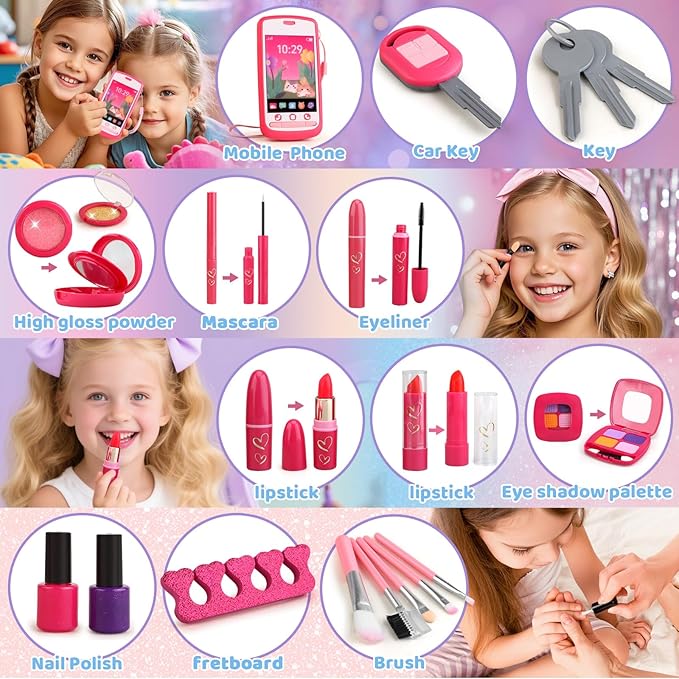 Pretend Makeup for Toddlers, Play Makeup Kit for Little Girls Age 3-5, Mermaid Toy with Fake Make up Set for Kids, Christmas Birthday Gifts for 3 4 5 Year Old Girl