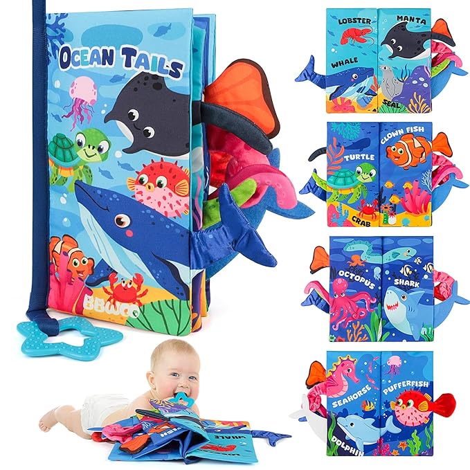 Soft Baby Book - Baby Toy - Newborn Boys Girls Shower Gift - Tummy Time Toy for Infant 0-6 6-12 Months - Touch and Feel Sensory Crinkle Book with Teether for Toddler