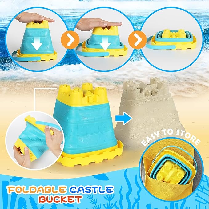 Beach Sand Toys Set, 24PCS Sandbox Toys with Mesh Backpack Bag Included 2 Foldable Buckets Pails, Sand Molds, Shovels, Rakes and Watering Can, Summer Outdoor Toys for Kids Toddlers Boys Girls