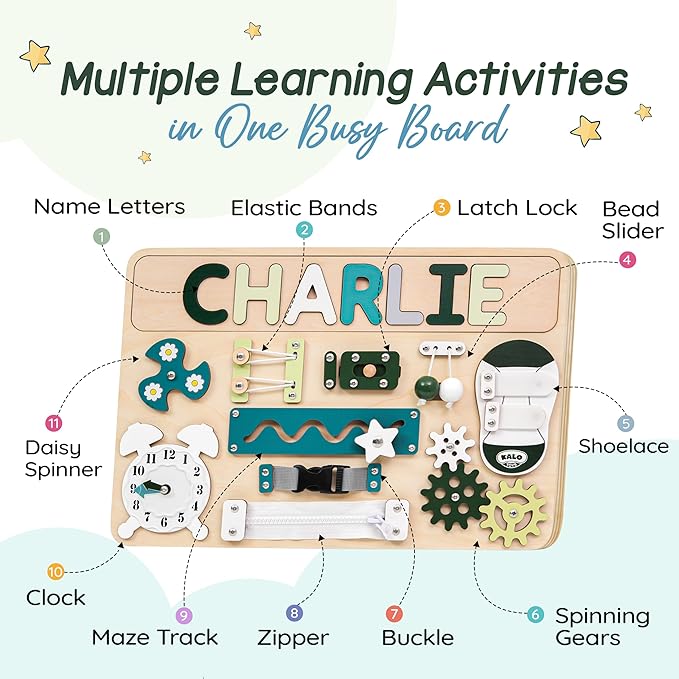 Busy Board Bear for Toddlers Wooden Montessori Toys, Wooden Controller Sensory Toy for Autistic Children & ADHD Sensory Board for Education & Learning Green