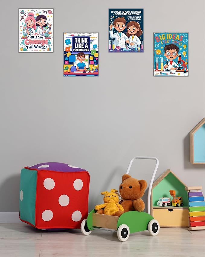 CNTG Design Motivational STEM Posters – Set of 4, 8x10 Inch Unframed Wall Art – Inspirational Science & Programming Quotes for Classroom, Study Room, or Office Decor (STEM Learning)