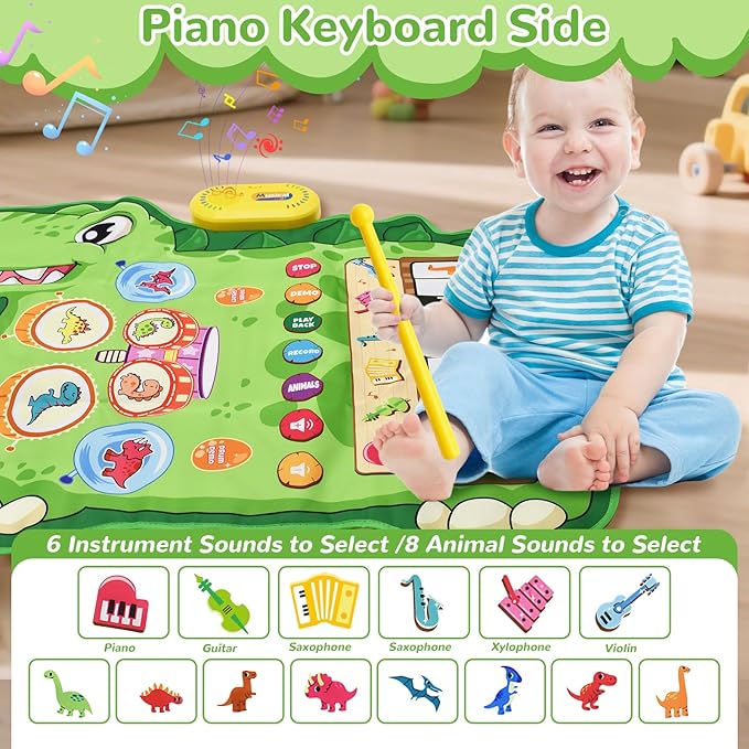Cyiecw 3-in-1 Dinosaur Musical Mat, Piano Drum Play Mat Gifts for 1 2 3 Year Old Girls, Sensory Early Educational Musical Learning Toys for Baby Boys, Birthday Gift for Toddlers 1-5 Years Old