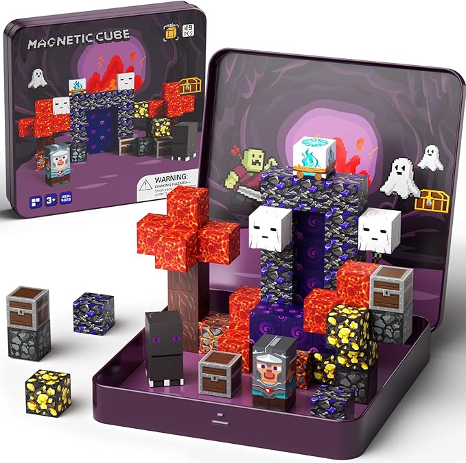 Mini Magnetic Blocks, Magnetic Cubes Game with Iron Box 49 PCS Magnet Tiles Building Blocks Toddler Toy STEM Sensory Outdoor Creative Kids Travel Toys for 3+ Year Old