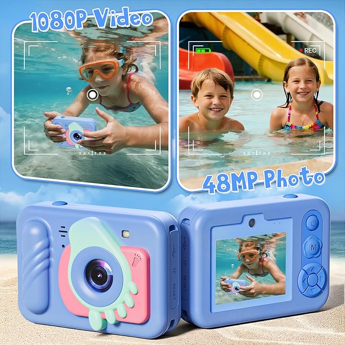 Underwater Camera, 48MP 5FT Waterproof Digital Camera with 32GB Card, Autofocus Floatable Waterproof Camera with HD Screen, 8X Digital Zoom, for Kids Water Park, Swimming (Foot Style, Blue)