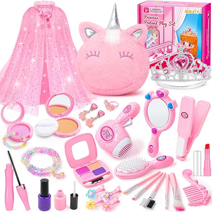 Kids Makeup Kit for Girl, Princess Toys Pretend Play Makeup Girls Toys, Kids Makeup Sets for Girls Beauty Salon Set Hair Accessories with Mirror, Hairdryer, Princess Cape Crown Handbag,Birthday Gifts