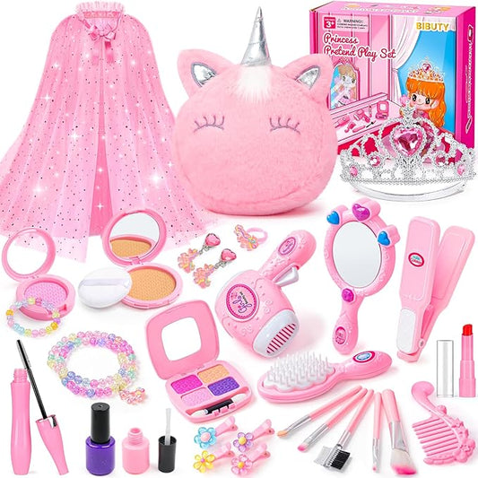 Kids Makeup Kit for Girl, Princess Toys Pretend Play Makeup Girls Toys, Kids Makeup Sets for Girls Beauty Salon Set Hair Accessories with Mirror, Hairdryer, Princess Cape Crown Handbag,Birthday Gifts