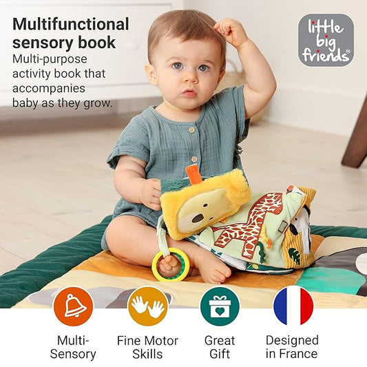 Little Big Friends Soft Crinkle Activity Book for Babies | 2-in-1 Sensory Cloth Book with Mirror, Teething Ring & Textures | Crib Toy for Infants & Toddlers | Attaches Easily | Jungle Theme