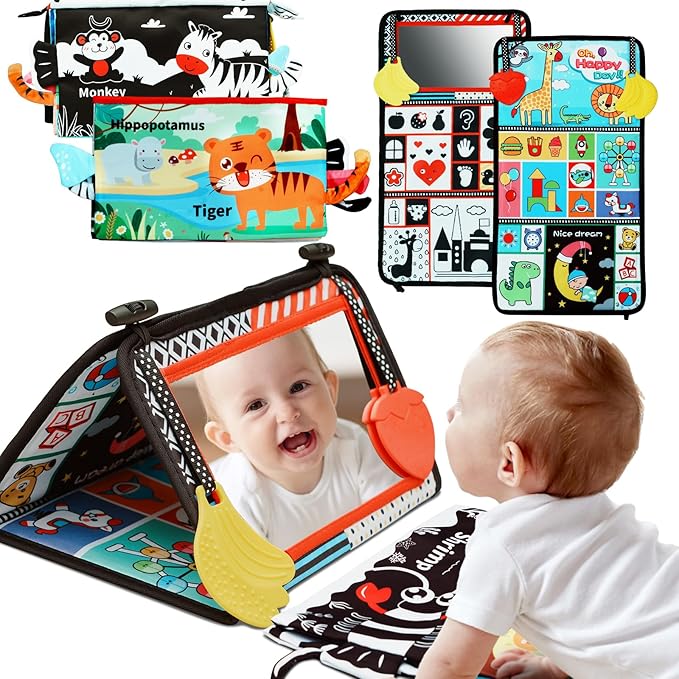 Baby Mirror Toys 0-6 Months - Tummy Time Toys 0-3 3-6 Months with Crinkle Cloth Books, High Contrast Newborn Sensory Toy for Babies 0 3 6 9 12 Months, Infant Toys Montessori for Boys Girls Baby Gifts