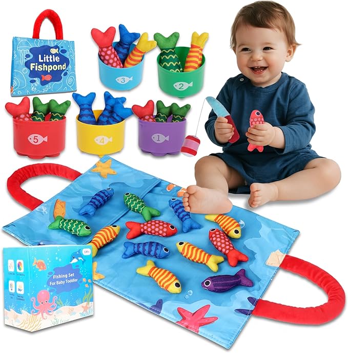 TenFans Montessori Cloth Fishing Game for Toddlers 1-3 Year Old - First Birthday Gift Set with Stacking Cups & Color Sorting - Travel Sensory Toy