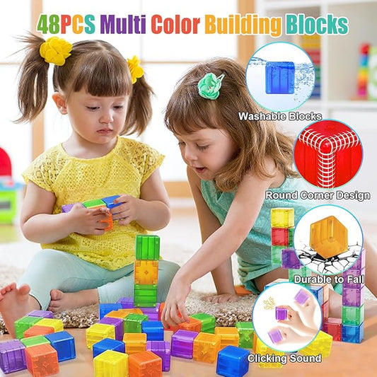 48PCS Magnetic Blocks - 1.38 inch Building Blocks for Toddlers, STEM Building Toy for Kids, Montessori Toys for 3 4 5 6+ Year Old, Magnet Sensory Travel Toys Christmas Birthday Gifts for Boys Girls