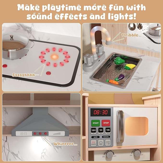Wooden Play Kitchen for Kids with Realistic Lights & Sounds, Smart Storage, Pretend Ice Maker, Sink, Stove, Inspiring Creative Role Play Toy for Ages 3+(Light Wood)