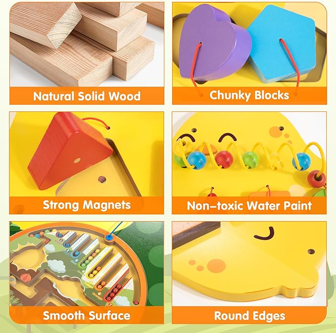 Chick Squad Activity Wall Busy Board Panels | 11-in-1 Wooden Sensory Wall Panel for Kids, Montessori Learning Activity Center | Perfect for Toddler Playroom Daycare Nursery Classroom Dentist Office