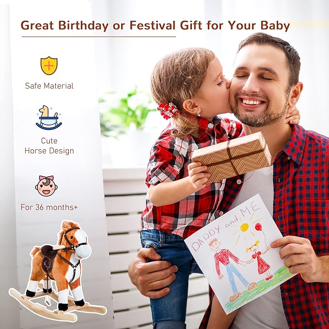 Qaba Kids Plush Toy Rocking Horse Ride on with Realistic Sounds - Brown