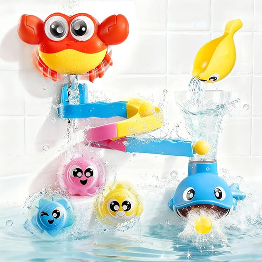 lalalark Bath Toys for Kids, 7-in-1 Shower Bathtub Toy with Crab, Whale, Rotating Fish & Slide Track, Interactive Water Play Set with Pour & Spray Fun for Toddlers, Boys & Girls Gifts for Christmas