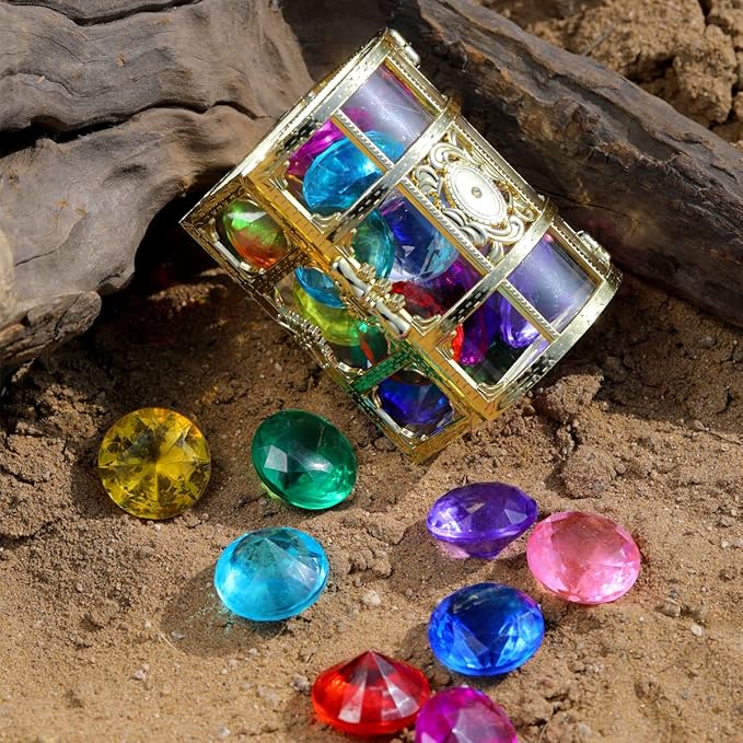 Diving gem Pool Toys Sand Toys,14 Color Diamond Treasure Chest Summer Swimming gems Pirate Diving Toy Set Underwater Swimming toyChildren's Game Gifts for Boys and Girls(Golden)