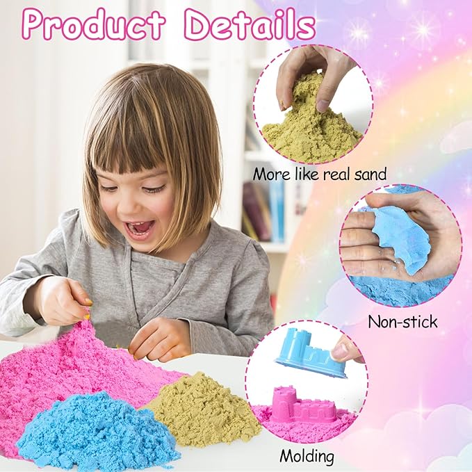 Sensory Bin, 47Pcs Unicorn Sandbox with Lid Play Sand Art Kit for Toddlers Sensory Toys with Magic Sand, 4 Unicorns, Moulds, Castle, Mermaid, Cleaning Tools- Gift for Kids 3 4 5 6 7 8