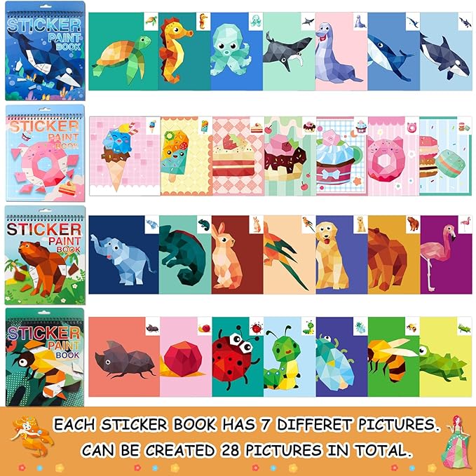 Sticker by Number Book for Kids Ages 4-8, 8-12 and Adults Animals, Ocean, Desserts, Insects Sticker Paint Puzzle Activity Books for Kids Girls Boys Birthday Party Favors Travel Toys