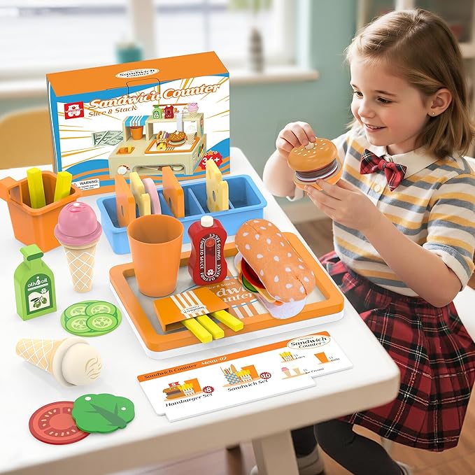 Wooden Play Food Sets Sandwich Counter with Storage, 56 Pcs Foldable Pretend Play Kitchen Food Toy, Burger, Ice Cream, Fries, Play Money, Kids Play Store Boy Girl Birthday Gift for Toddlers Ages 3+