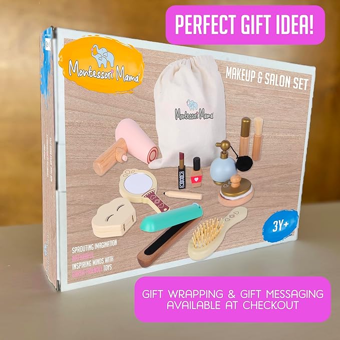 Montessori Mama Makeup and Salon Set - Wooden Pretend Play Beauty Play Makeup Kit with Styling Tools and Cosmetics - Pretend Makeup for Toddlers for 4 Year Old Girl