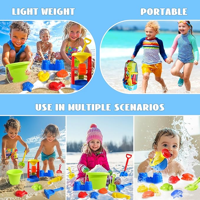 Beach Toys, 19 Piece Sand Toys Set Kids Sandbox Toys Includes Water Wheel Beach Tool Kit Bucket Watering Can Molds with Mesh Bag for Kids Ages 3-13