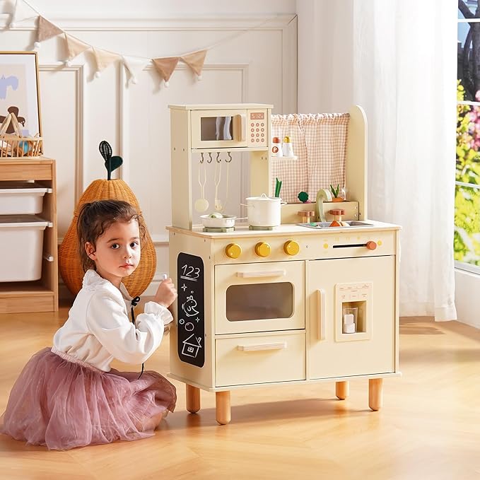 ROBOTIME Wooden Play Kitchen Set for Kids, Pretend Toddler Kitchen with Microwave, Sink, Stove & Ice Maker, Kids Kitchen Playset Gift for Boys and Girls Ages 3+ (Beige)