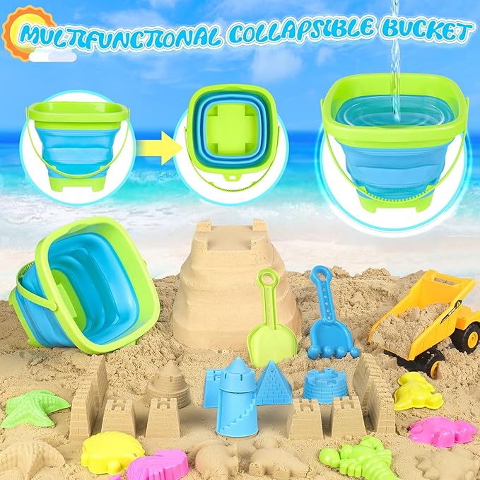 Beach Toys, Sand Toys for Toddlers 3-5, Sandbox Toys with Dump Truck, Collapsible Beach Bucket, Sand Castle Building kit, Sand Molds, Beach Shovel, Mesh Bag, Travel Toys for Kids Ages 4-8