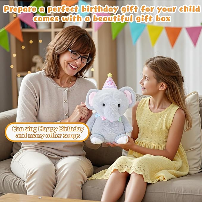 Happy Birthday Interactive Elephant, Musical Birthday Stuffed Animal Recording Mimicking Toy, Clapping Activates Singing Dancing Shaking, Cute Elephant Plush Gifts for Kids Girls Boys