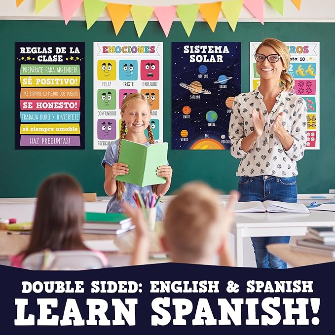 16 Pieces of Educational Posters to Improve Writing in Children, is Laminated, Set of 16 Posters in 2 Languages, Double Size English & Spanish, Works as 32 Posters