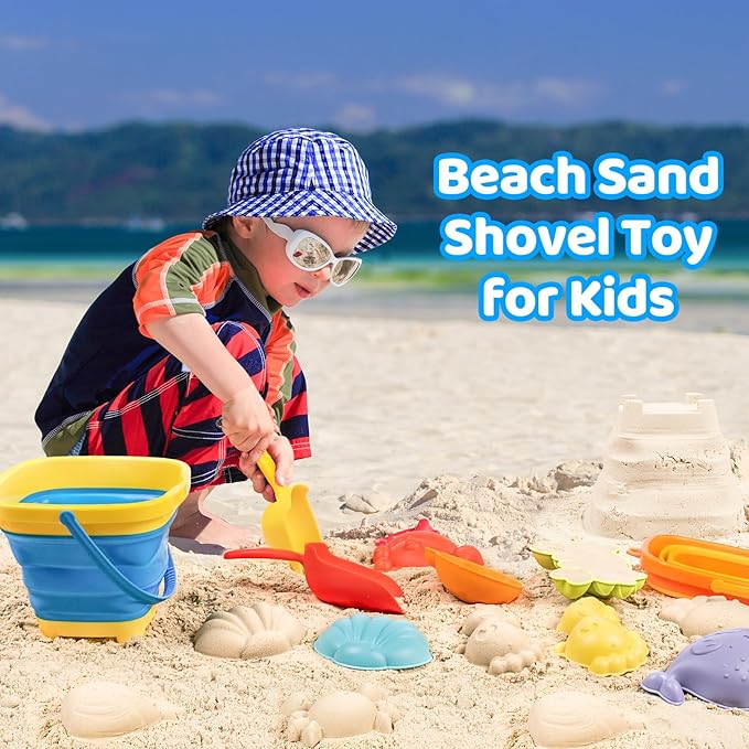 Beach Sand Toys for Kids with 2 Collapsible Beach Sand Buckets, Big Size Sand Molds, 2 Mesh Shell Bags, Shovels Toy Set Summer Travel Beach Essentials Sandbox Outdoor Toys for Toddler Ages 3-10