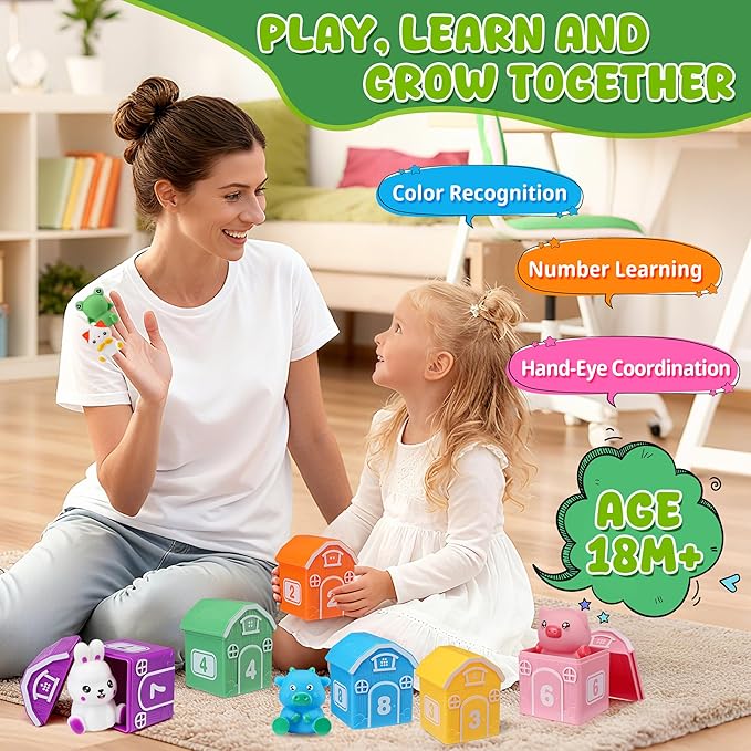 Montessori Toys for Toddlers, 20Pcs Farm Animal Toy Counting, Matching, Sorting Preschool Learning Toy Barn including 10 Barns,10 Finger Puppets and 2 Stickers Birthday Gift for Baby Boys Girls