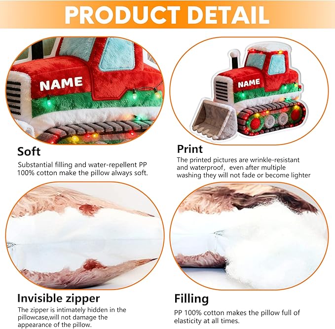 Custom Bulldozer Shaped Pillow Cute Personalized Name Plush Doll, Double-Sided Construction Engineering Vehicle Pillow for Kids, Birthday gifts for Boys and Girls Sofa Decorative Pillows 8-32in