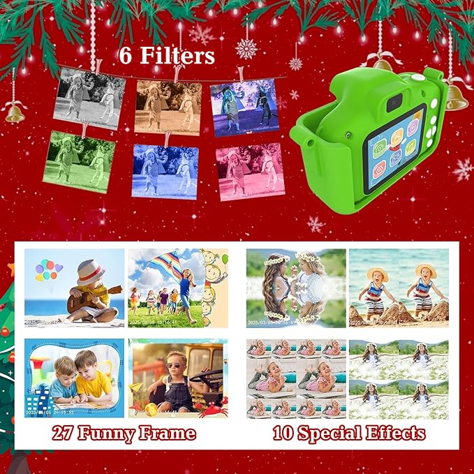 Kids Camera for 3-9 Year Old Boys Girls, Children Digital Camera with Cute Cartoon Soft Cover & 32GB SD Card, Best Christmas Birthday Gifts for Grandkids, Halloween Party Favors for Kids - Green