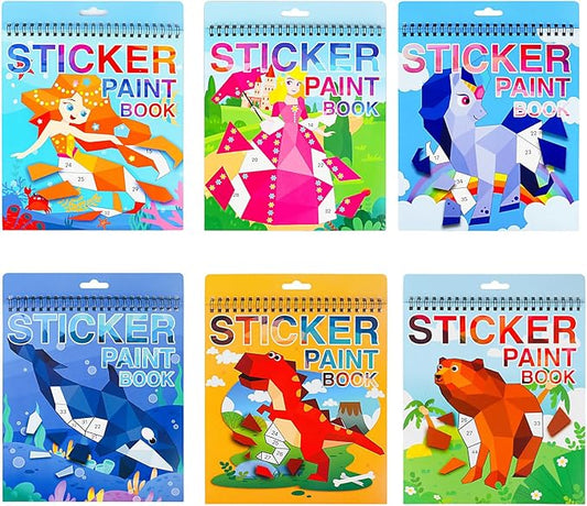 TPQKA Crafts for Kids Ages 4-8 Sticker Paint Books 6 Pack Number Sticker Books for Kids Girls Boys Halloween Christmas Party Favor, Road Plane Travel Activity Books