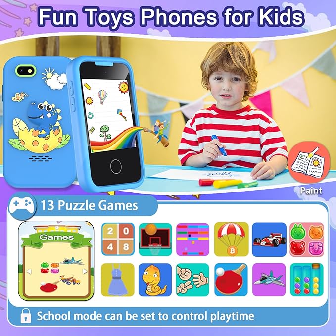 Kids Phone Toys for Boys, 3 4 5 6 7 8 Year Old Boys Girls Christmas Birthday Gifts for Kids, 2.8" Touchscreen Smartphone Toddler Cell Phone, Children Play Toy Phone with Camera, Game, Music, 8GB Card