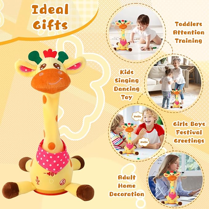 JISONCASE Christmas Talking Dancing Giraffe Baby Toy, Adjustable Volume Tummy Time Toy Repeating What You Say, Singing Mimicking Recording Sensory Education Gifts for Toddlers Boy Girls
