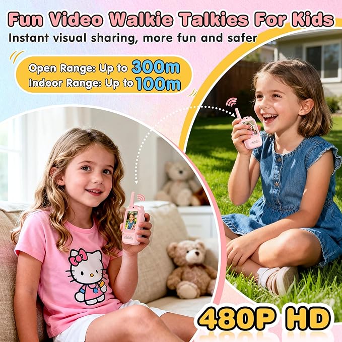 Video Walkie Talkies for Kids, 2 Pack Facetime Walkie Talkies with HD Camera & Voice Changer for Boys Girls for Family Games, Indoor, Outside, Hiking Christmas Birthday Toys Gift Ages 3-12 (Pink)