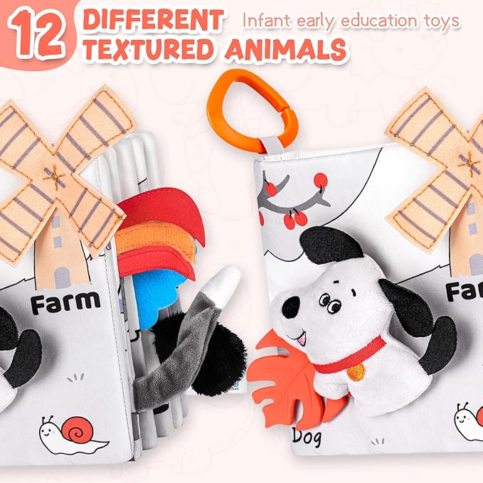 Baby Book 0-12 Months, Crinkle Cloth Book with Rattle & Touch and Feel Sensory Toys, Soft Teether for Infants, Educational Learning Toys, Ideal Baby Shower Easter Gifts for Boys Girls (Farm Animals)
