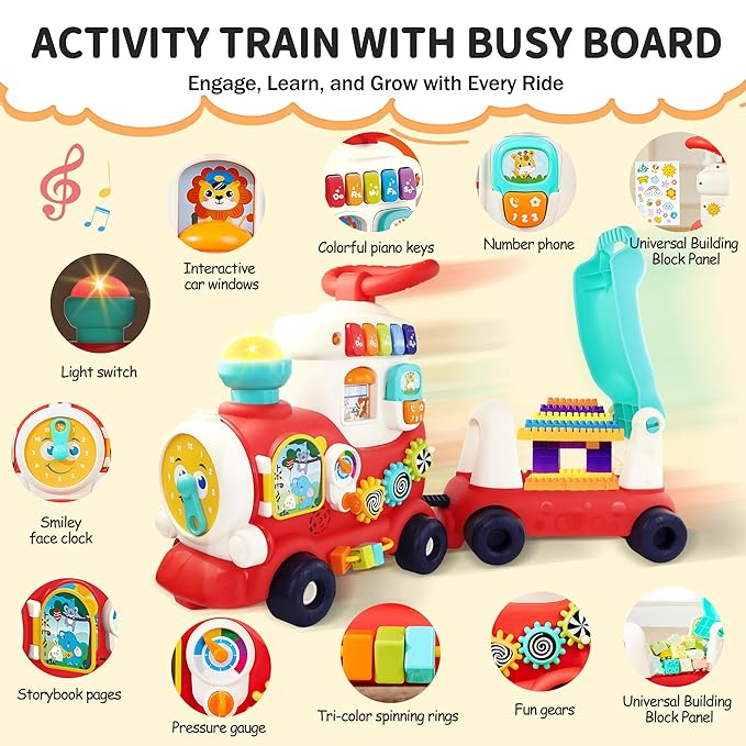 Ride On Toys for Toddlers 1-3 Boys Girls, 4-in-1 Push Pull Sit and Ride Train, Walking Car Toy for 1 Year Old Learning to Walk, Sit-to-Stand Walker for Baby Kids Ages 1 2 3 4 Outdoor Indoor Toy