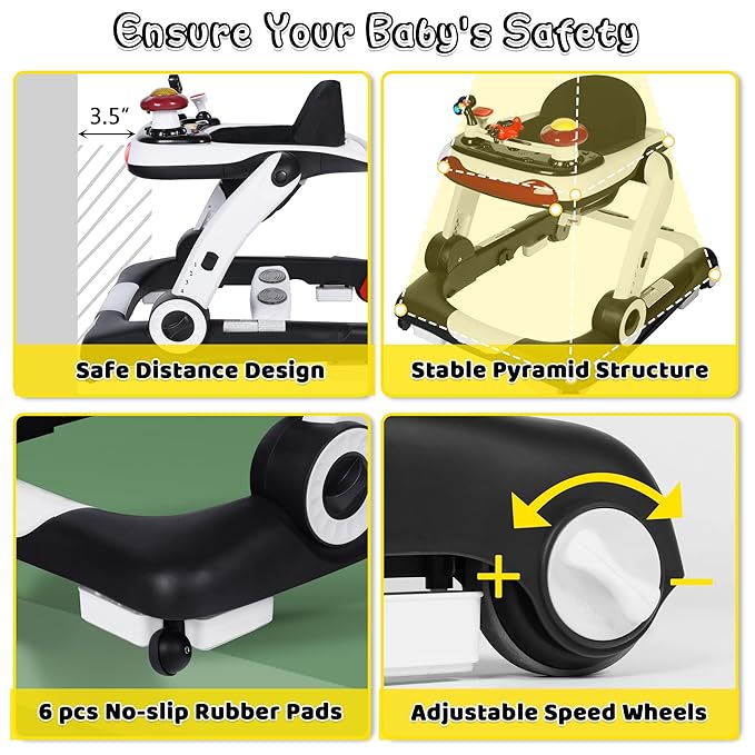 6 in 1 Baby Walker, Baby Activity Center for Toddler, Walker Rocker Bouncer w/Adjustable Height Speed, Learning-Seated & Walk-Behind, Infant Walker w/Feeding Tray & Music Toys, Black